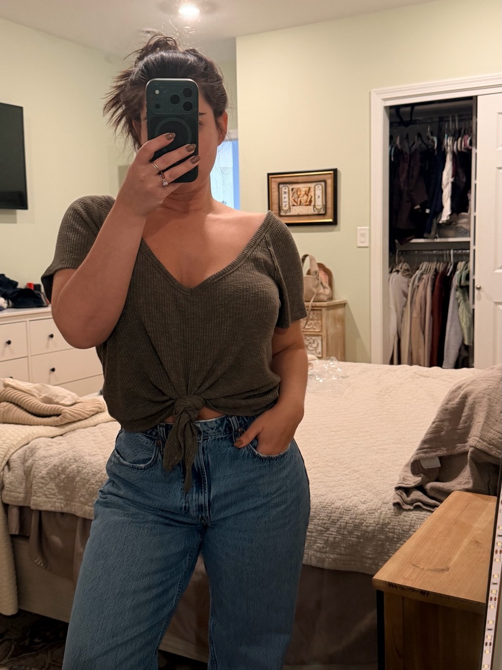 Abercrombie & Fitch Olive Knot-Front V-Neck Crop Top